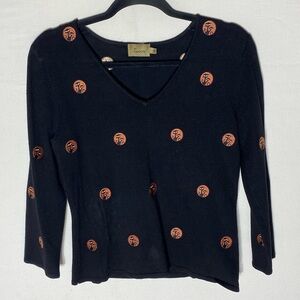 In Cahoots Black Long Sleeve Top with Embroidered Orange Circles W Cats M